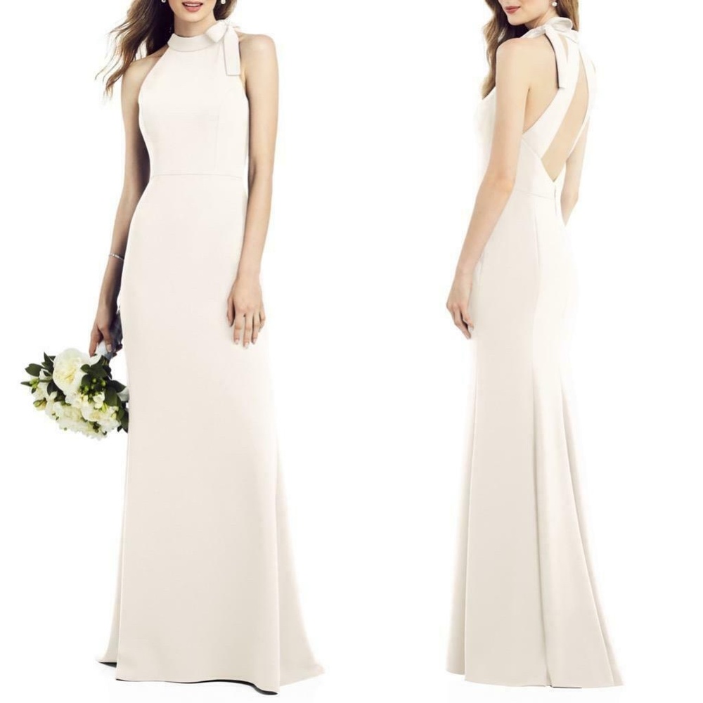 NEW 6827 AFTER SIX Ivory BRIDESMAID Bow Neck CREPE Cut-Out Back GOWN 14R
